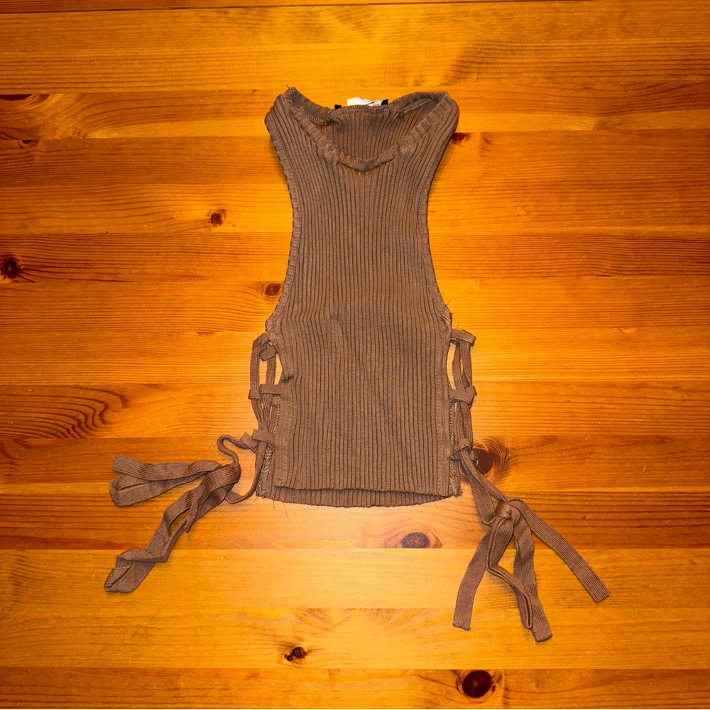 Zara Brown Ribbed Tank Top with Side Ties S Stretch